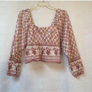 Sim & Sam Anthropologie Womens Med Boho Prairie Linen Floral Crop Top Mauve Clay